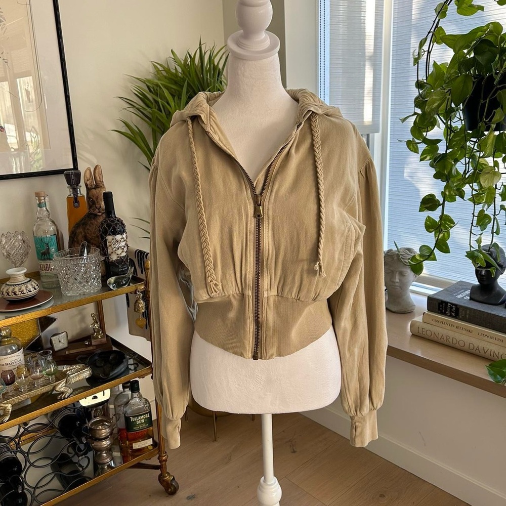 We The Free Cropped Drawstring Hooded Bomber Jacket in Beige